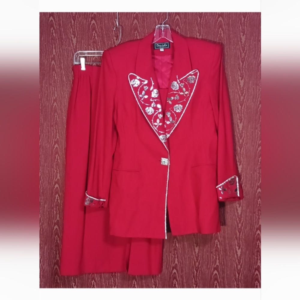 DANIELA 3 Piece Red Long Sleeve Collared Blazer Skirt Set Women's Sz 12